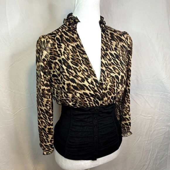 INC Animal Print Satin Ruffled Jacquard Blouse Spandex Long Sleeve Top Women NWT - Picture 2 of 9